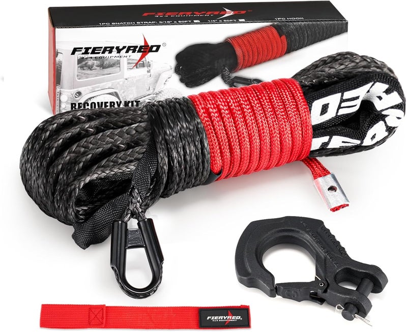 FIERYRED 1/4inch 50FT 9500LBS Synthetic Winch Rope Cable Kit with Forged Hook and Strap, Winch Line Replacement for 3500-6000LBS Winch Off-Road ATV UTV - Image 1
